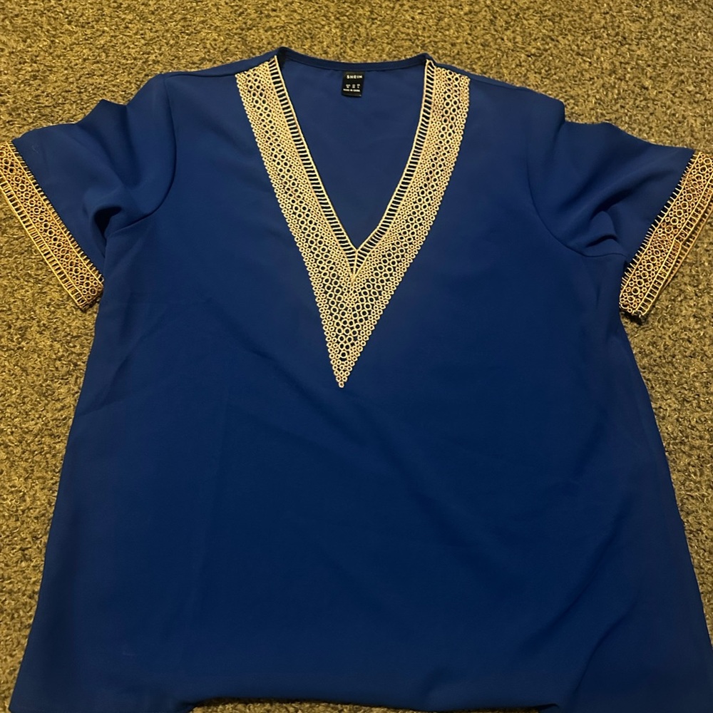 SHEIN Royal Blue V-Neck Blouse with Lace Accents